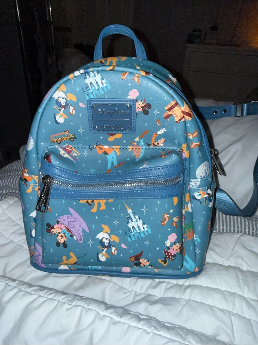 Loungefly Teal Blue Disney Character Mini Backpack with Castle Print